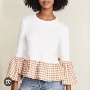 English Factory White Blouse with Tan Gingham Ruffle Size M